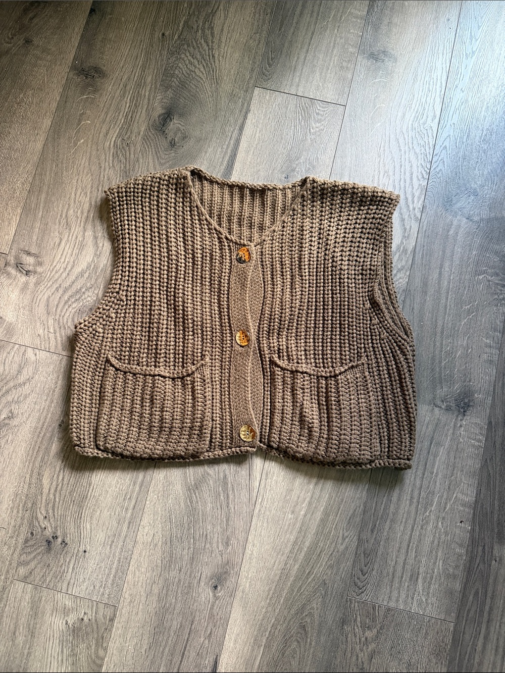 SHEIN Taupe Chunky Knit Sleeveless Cardigan Vest